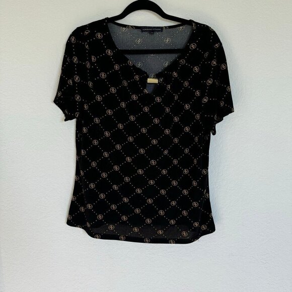 Adrienne Vittadini Women Black & Gold Geometric Pattern Short Sleeve Top. Size L - Picture 1 of 8